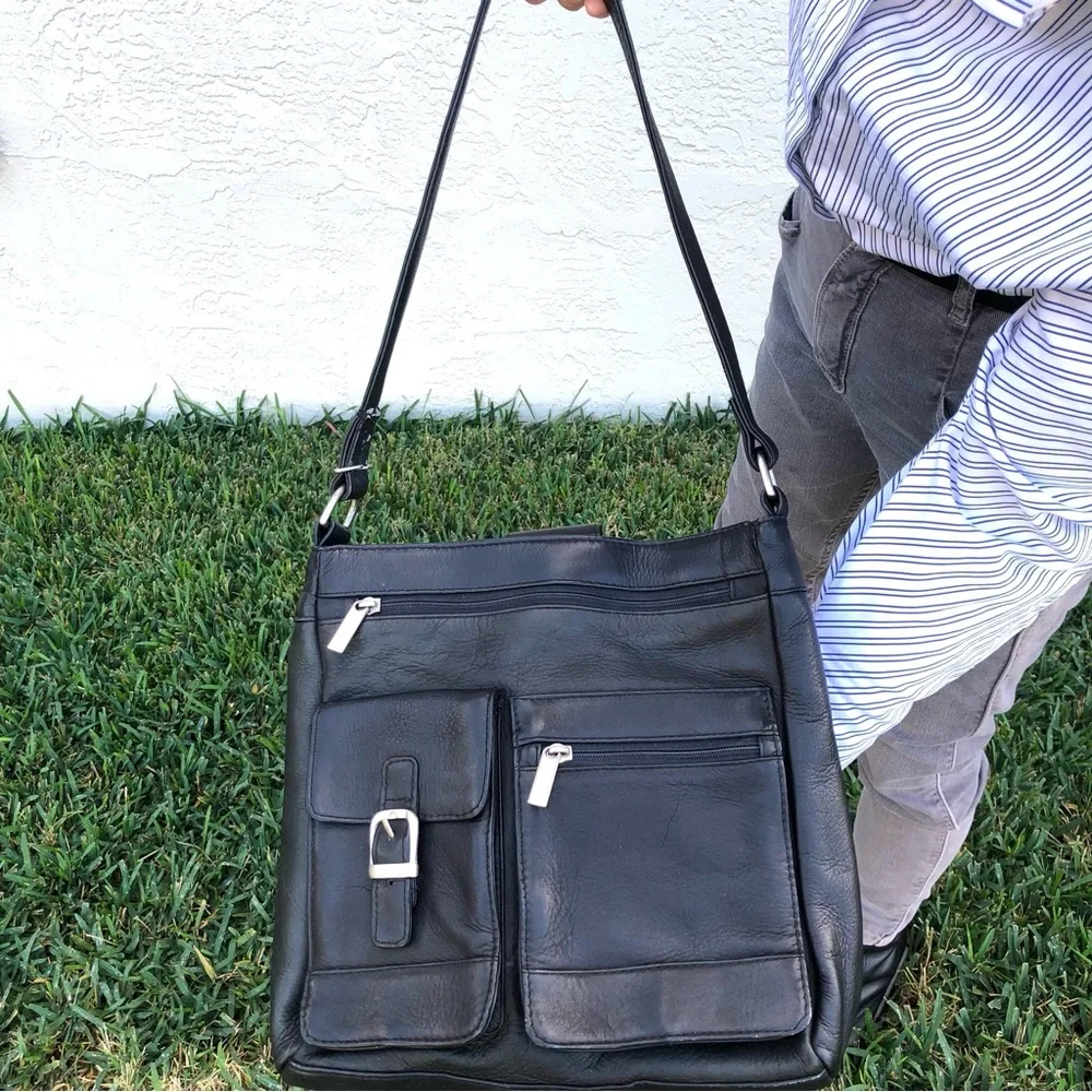 Black Leather Crossbody Bag with Multiple Pockets
